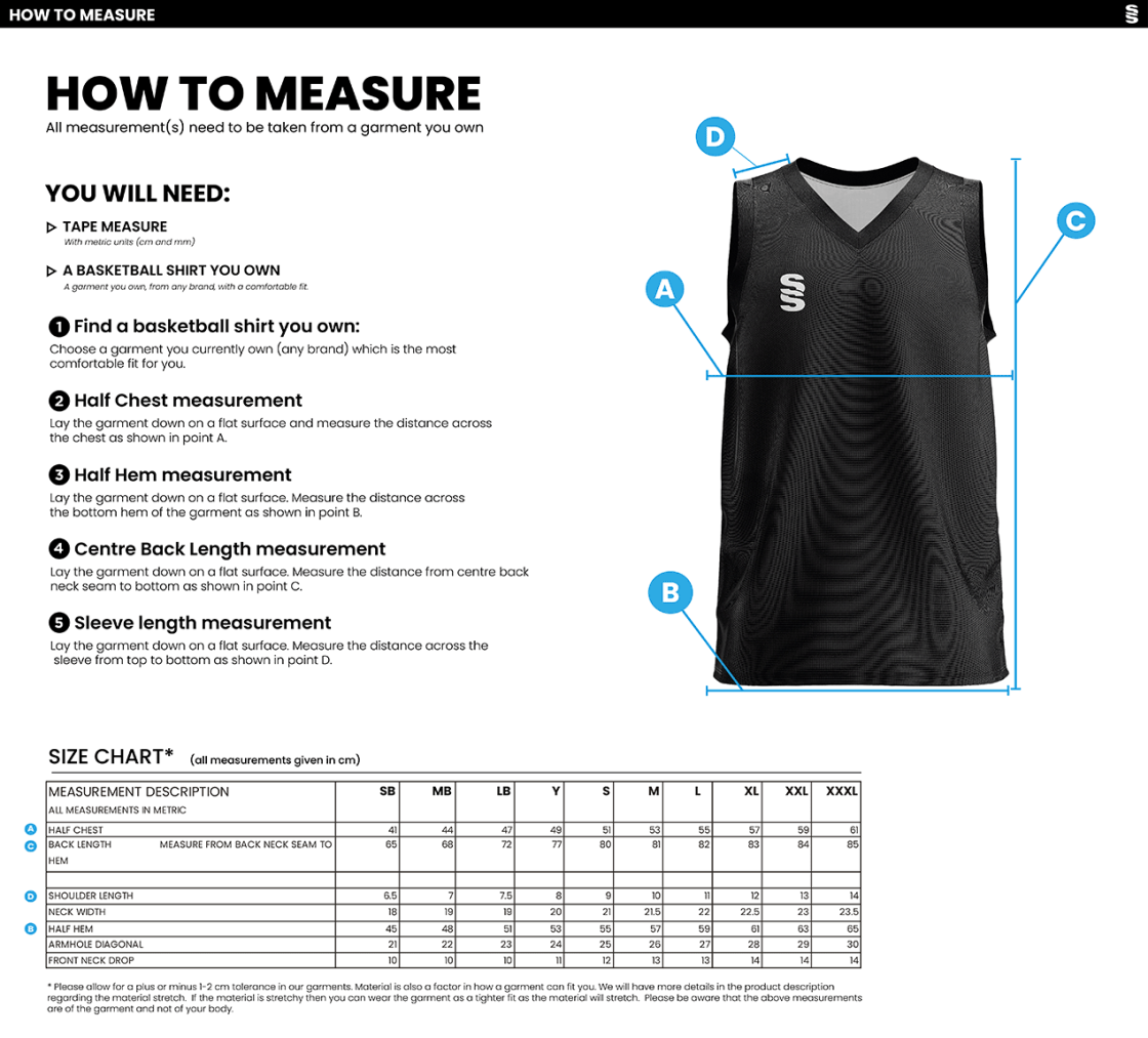 Basketball Vest - Design 2 - Size Guide